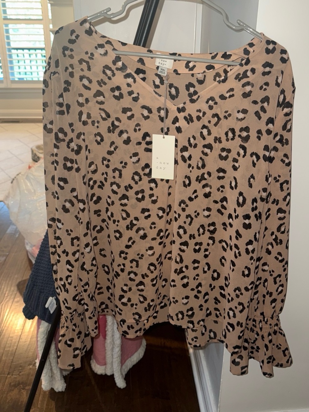 a new day Beige Leopard-Print Ruffle-Hem Blouse